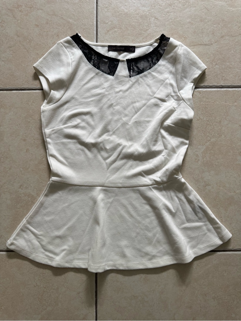 The Limited White Peplum Top with Black Lace Yoke